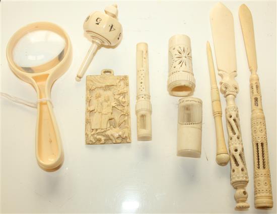 Small Chinese ivory panel, needle case, letter opener etc